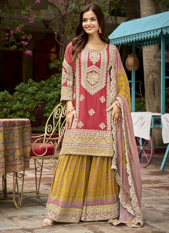 Heavy Chinnon Rose Pink Wedding Wear Embroidery Work Readymade Plazzo Suit